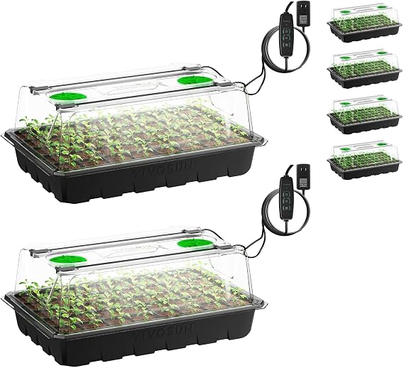 VIVOSUN 6-Pack Seed Starter Kit, 240-Cell Tray, 2 Set of LED Lights | 3.6" Higher Cover, Adjustable Vents, Drainage Holes, Green Propagation Tray for Planting Seed, 40 Cells x 6 Packs