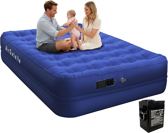 Air Mattress Queen with Built-in Pump - 3 Min Fast Inflation/Deflation Wireless Rechargeable Pump, Portable Camping Air Bed, Cooling Pongee Fabric Blow Up Mattress, (18" Indigo)