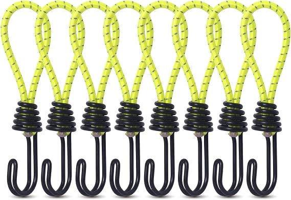 Hikeman 8 Pack 8mm Bungee Cord Hooks Black Anti-Rust Paint Spiral Wire Hooks with Separable Reflective Elastic Rope Heavy Duty Strapping Tape Hooks for Camping Trucks Boats (Yellow)