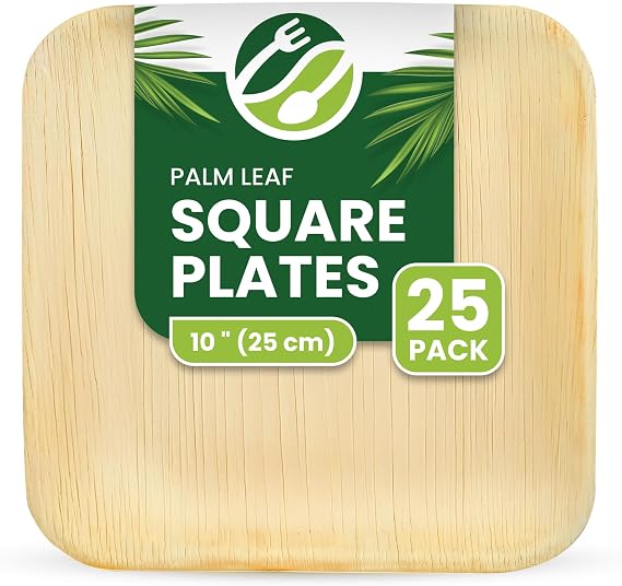 ECO Leaf 25 Disposable Palm Leaf Plates 10" (25cm) Large Square, Eco-Friendly, Biodegradable, Compostable, Durable, Oven Safe Bamboo Plates for Hot Food, Weddings, Picnics, and Parties