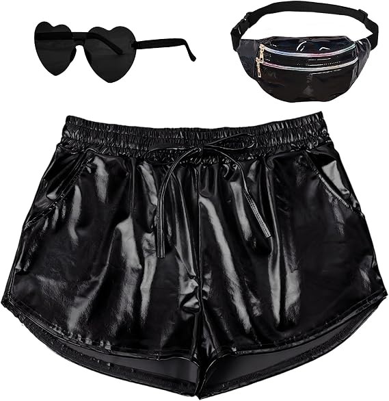 PARTTELY Metallic Shorts for Women Drawstring Shiny Hot Short Sparkly Rave Party Pants with Holographic Fanny Pack Sunglasses