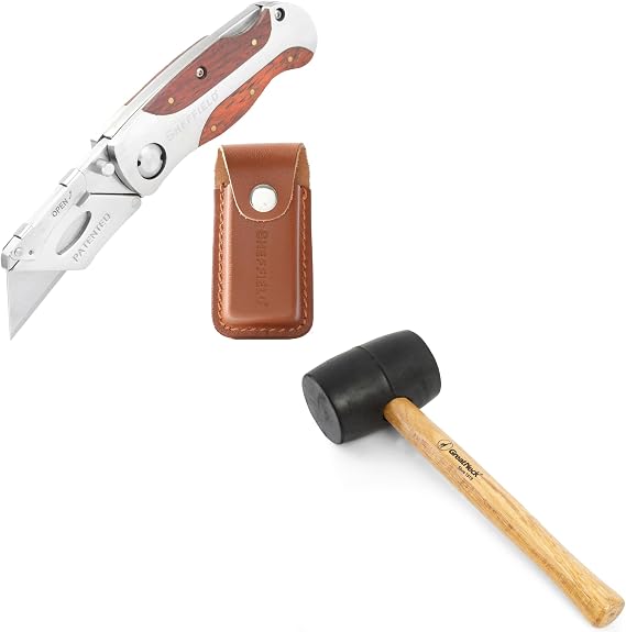 Sheffield 12818 Folding Utility Knife with Leather Sheath, Rubber Mallet, 16 Oz. Rubber Hammer, Quick-Change Utility Knife Blades, Lightweight