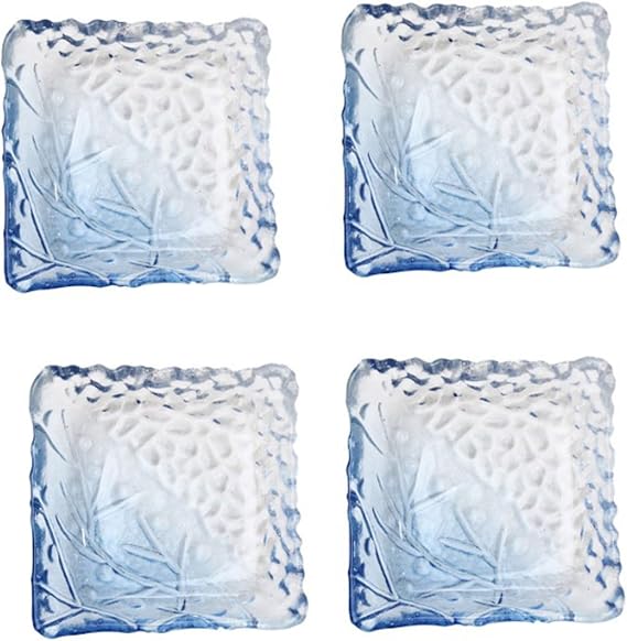Crystal Glass Dipping Dish Square Sauce Bowl (50ml) Gradient Color Small Plate for Sushi Desserts Stylish Textured Base Sauce Dish(Blue)
