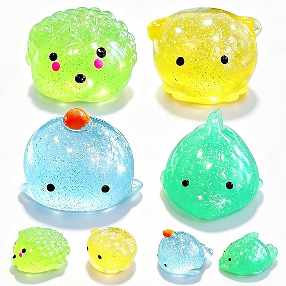4 Pcs Jumbo Glitter Mochi Squishy Toys for Kids Party Favors, Kawaii Squishies, Sea Animals Sensory Toys for Classroom Prizes, Easter Basket and Goodie Bag Stuffers, Stress Balls Squeeze Toys