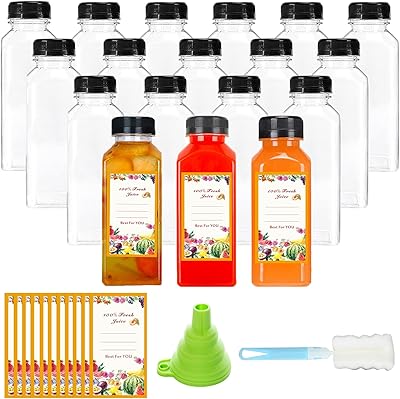 Tergy 18 Pack 12 oz Plastic Juice Bottles with Caps, Labels, Brush, and Silicone Funnel - Reusable Juicing Clear Drink Containers with Lids for Juicing, Food Grade & Leakproof Travel Bottles