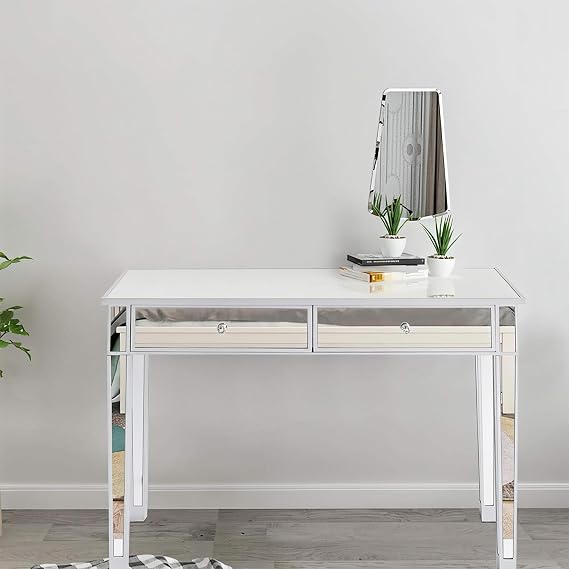 Henf Mirrored Console Table, Modern Makeup Vanity Desk Dressing Table with 2 Drawers, Contemporary Accent Sofa Table for Entryway/Living Room/Bedroom (2 Drawers)