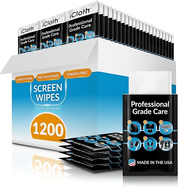 iCloth Large Screen Cleaning Wipes for Electronics, Lint-Free and Streak-Free, Fast-Drying, Removes Dust, Fingerprints, and Smudges (1200 Wipes)