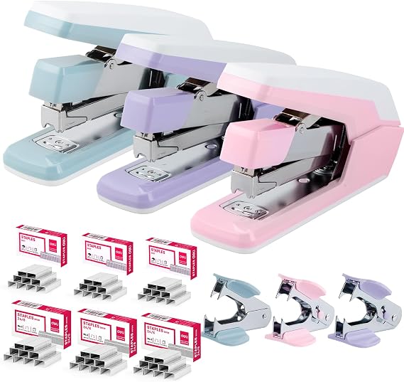 Deli Stapler, Effortless Staplers for Desk, 3 Pack, 3 Colors | 40-50 Sheet Capacity Heavy Duty, One Touch, No Effort, Easy to Load, With 4500 Staples & Staple Removers
