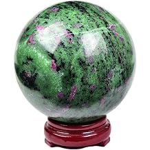 JIC Gem Large Gemstone Sphere Ruby Zoisite Healing Crystal Ball with Red Green Crystal Ball with Wooden Stand Decorative Ball Home Decoration (90-100