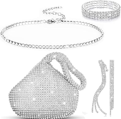 4 Pieces Rhinestone Jewelry SetClutch Purse Prom Jewelry Sets Wedding Bridal Jewelry Rhinestone Necklace Dangle Ear ClipCrystal Jewelry Set Wedding Party