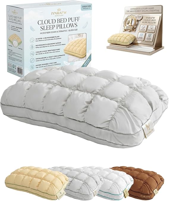 Cloud Bed Puff Sleep Pillows Microfiber Down Alternative 3X Softer Fluffy Hotel Pillow High Resilience Support Neck Align for Side Back Sleepers Breathable Skin Friendly Washable Queen Size