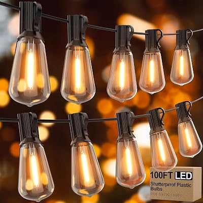Outdoor String Lights 100ft ST38 Patio Lights with Waterproof Shatterproof 502 LED Bulbs,Outside Hanging Vintage Edison Lights for Porch, Deck, Garden, Backyard, Balcony, 2700K Dimmable