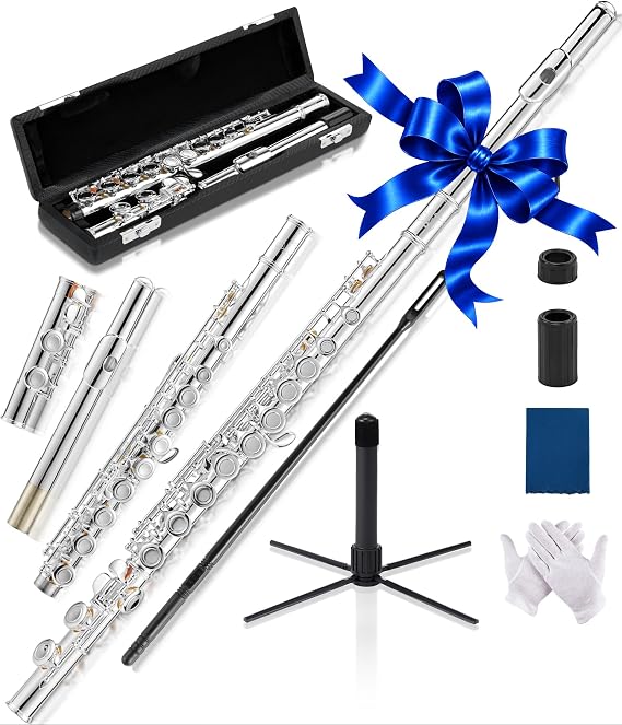 AKLOT Closed-Hole Concert C Flute: Flute Instrument with 16 Keys, Offset G, Smooth Silver-Plated Keys, Air-Tight Pads, Include Stylish Leather Hard Case, Cleaning Kit, Stand, Gloves (LUM-MV)