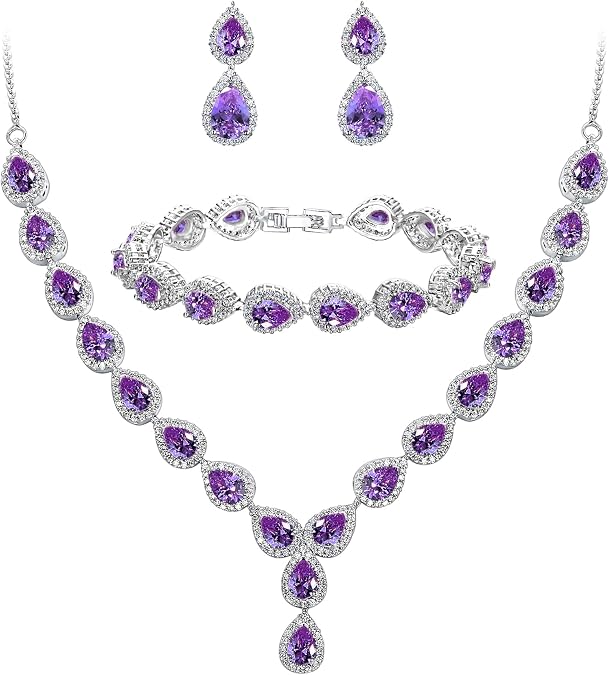 BriLove Wedding CZ Necklace Bracelet Earrings Jewelry Set for Women