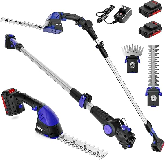 MZK 20V 2-in-1 Pole Hedge Trimmer & Grass Shear, 13-Foot Reach(Blue)