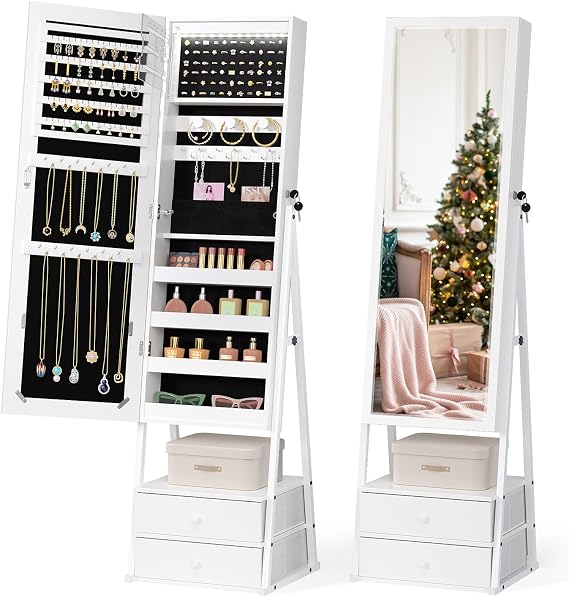 VINGLI LED Jewelry Cabinet Armoire, Lockable Full Length Mirror with Storage, Large Capacity Jewelry Organizer with 2 Drawers, Free Standing Makeup Vanity for Bedroom, White