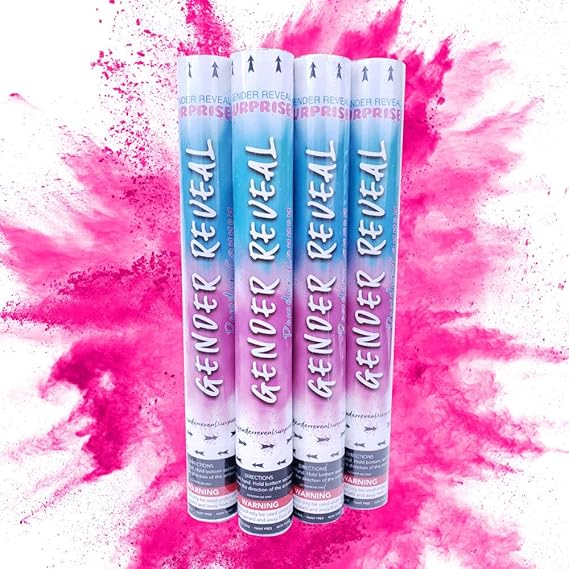 Gender Reveal Surprise - Pink Powder Cannon Bundle - Easy to Use Pink Powder Cannon for Baby Gender Reveal Parties - Creates Bright Pink Powder Clouds - 16 Inch - 4 Pack