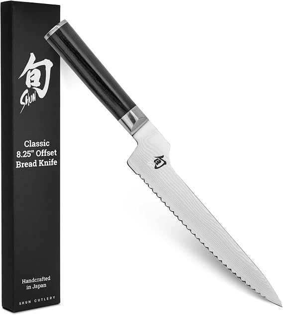 Shun Classic 8.25" Offset Bread Knife, Handcrafted Japanese Serrated Knife for Professional and Home Chefs, VG-MAX Core with Damascus Stainless Steel Cladding, Pakkawood Handle | Handcrafted Japanese Serrated Knife, VG-MAX Core, Damascus Stainless Steel Cladding, Pakkawood Handle