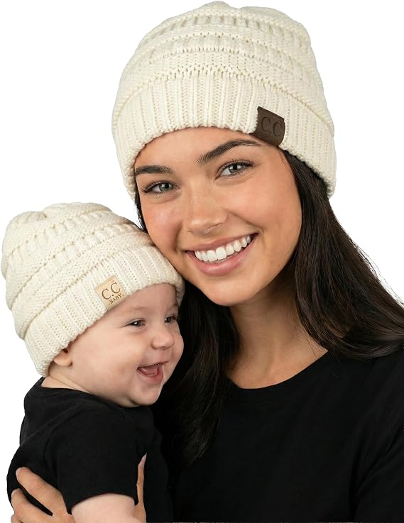 Funky Junque Mommy & Me Beanie Set Matching Knit Winter Hats for Baby, Toddler, Kids & Moms, Cute Family Beanies Bundle