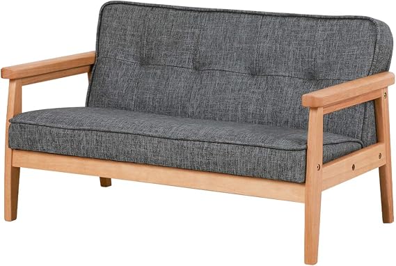 Double Seater Kid Sofa Chair, Kid Couch with Solid Wood Arm and Linen Pattern PVC for Kids Rest (Dark Grey)