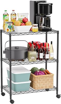FDW 3-Shelf Adjustable,Storage Shelves Wire Shelving Shelving Unit Metal Shelves Storage Shelf with Wheels,13 D x 23 W x 31 H,Black