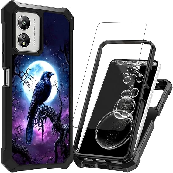 for Boost Mobile Celero 5G SC 2024 Case,for Boost Celero5G SC Phone Case with Screen Protector [Tempered Glass] Dual Layer Protection Heavy Duty Shockproof Slim,Cute Crow Moon