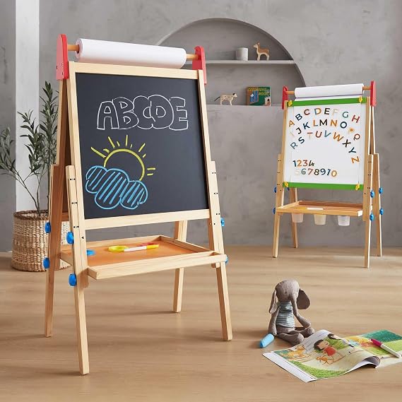 Tiny Land Wooden Easel for Kids, Art Easel with Chalkboard & Whiteboard | sturdy solid wood frame, 2 drawing paper rolls, double-sided board, 3 adjustable heights, natural wood finish