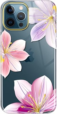 JAHOLAN Compatible with iPhone 12 Case,iPhone 12 Pro Case with Flowers,for Girls Women,Shockproof Glitter Floral Pattern Hard Back Cover Phone Case 6.1 inch - Grandiflora Pink Purple