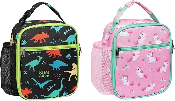 Bagseri Kids Lunch Bag for Boys and Kids Lunch for Girls, Insulated Lunch Box Portable Reusable Toddler Lunch Cooler Bag for School, Water-resistant Lining, Black Dinosaur and Pink Unicorn