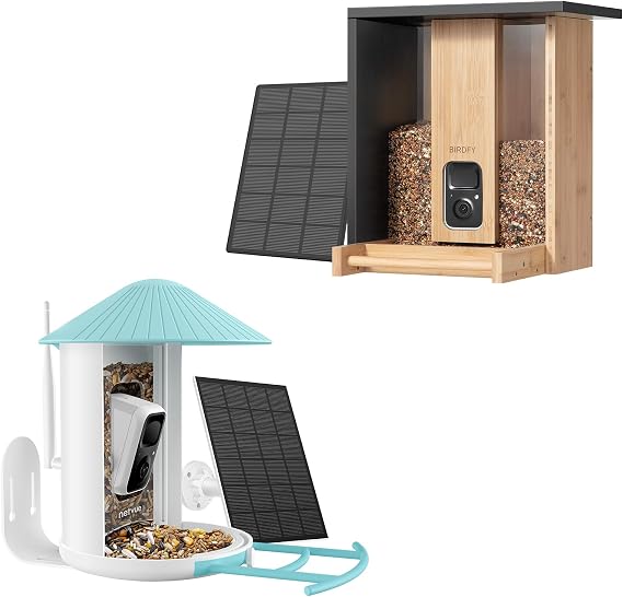 Birdfy Solar Camera Blue Plus Bamboo AI Bird Feeder Camera with Solar Panel