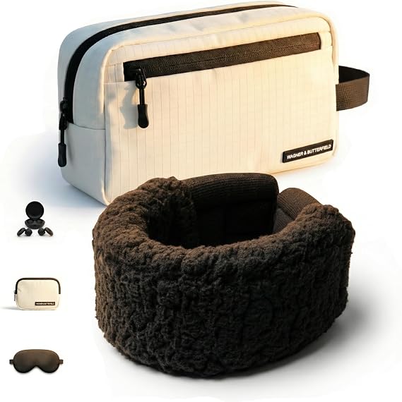 Slim Travel Neck Pillow for Long Flights, 360 Memory Foam Support Travel Neck Pillow with Premium Airplane Comfort Essentials 5pc Set, Best for Sleeping on Airplanes, Cars, Trains | Compact Bag