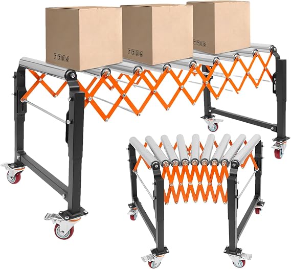 176 LBS Adjustable Roller Conveyor 17-51in Length 26.8-28.8in Height Telescopic Roller Conveyor Table 23in Wide Expandable Flexible Rotating Conveyor Belt Trolley, 4 Wheels with Brakes