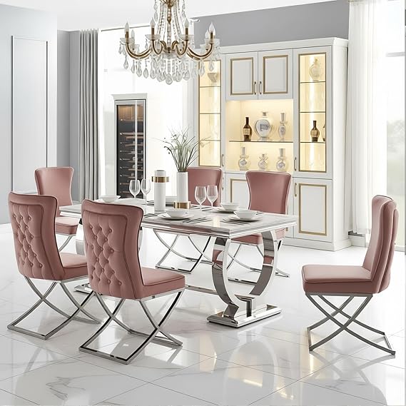95" Dining Table Set - Modern Kitchen Chairs with Padded Seats, Space-Saving Design, Versatile Kitchen Set, Stylish Dining Room Set for Home Use, Dining Table Set for 10, Pink