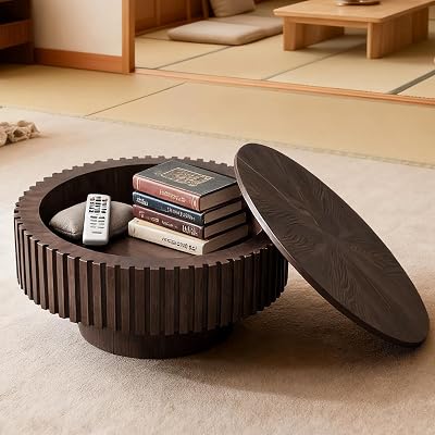 Round Coffee Table with Storage for Living Room Round Storage Coffee Table Modern Brown Fluted Drum Coffee Tables for Living Room A Brown 31.4