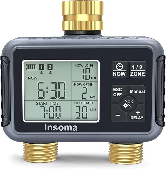 Insoma Water Timer with Brass Inlet & Outlet, 2 Independent Zones Outdoor Hose Timer for Garden Faucet with Auto/Manual/Rain Delay Mode, Sprinkler Irrigation Timers for Yard Lawn