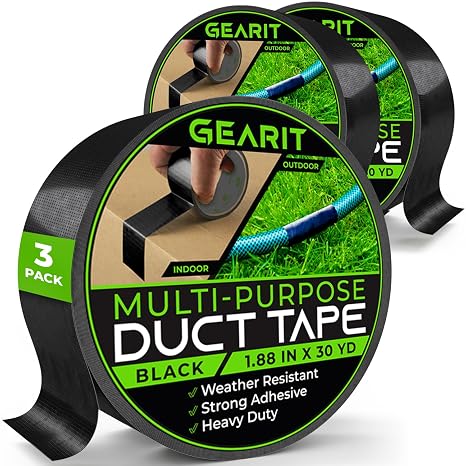 GEARit Duct Tape with Heavy-Duty Adhesive (3-Pack, 1.88in, 30yd Each) Black, Waterproof, Easy to Tear by Hand, Indoor Outdoor, Multi Surface Use, Professional Strength - 2 Inch, 3 Roll, 90 Feet