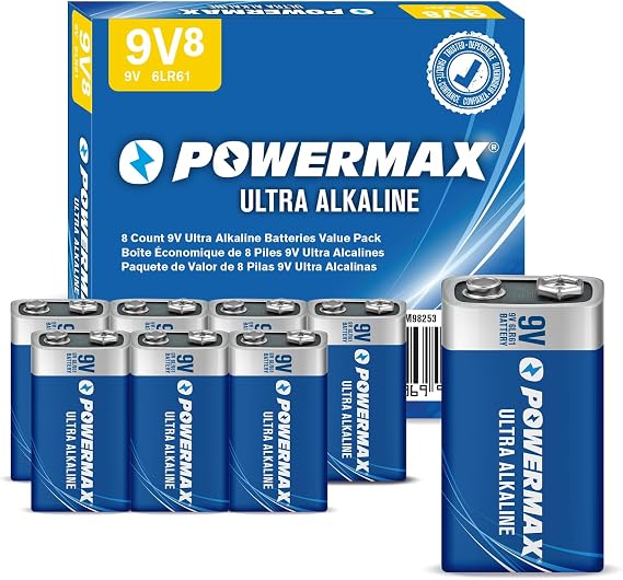 Powermax 8-Count 9V Batteries, Ultra Long Lasting Alkaline Battery for Home and Office, 7-Year Shelf Life, Reclosable Packaging