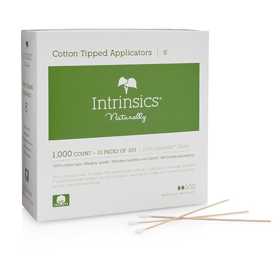 Intrinsics Cotton-Tipped Applicator Swabs - 100% Cotton, Wood Handle, 1000 Pcs