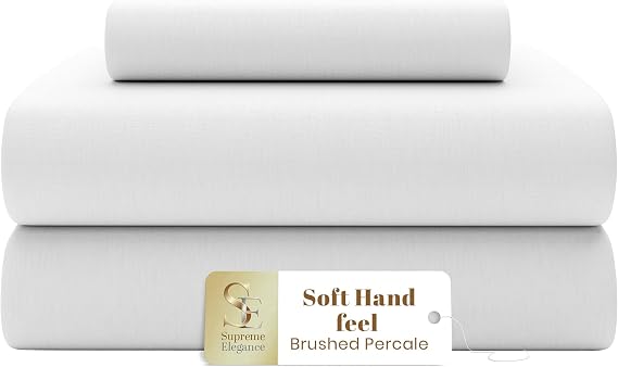 SUPREME ELEGANCE Twin XL Size Cotton Rich White Dorm Sheet Set, Brushed Percale Weave Sheets, Wrinkle-Resistant College Dorm Room Essentials (1 Flat Sheet, 1 Fitted Sheet & 1 Pillowcase)