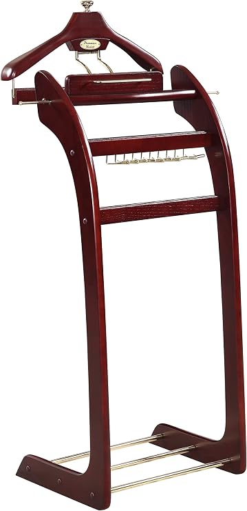 Proman Products Windsor Signature Valet Stand VL16158 with Tray, Detachable Contour Hanger, Trouser Bar, Tie Rack, 13.5" W x 16.5" D x 45" H, Dark Mahogany