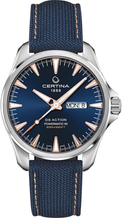 Certina, Men's DS Action Day-Date Powermatic 80, Stainless Steel, Swiss Automatic, Watch, Blue, Plastic, 20, C0324301804101, Blue