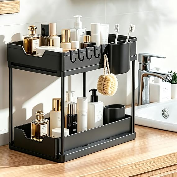 Pull Out Under Sink Storage Organiser, 2 Tier Under Sink Storage Kitchen Storage and Organisation Cupboard Organiser, Sliding Kitchen Storage Under Sink Shelf, for Bathroom, Bottom Slide Out Basket