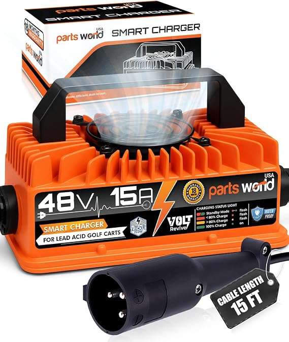 VoltRevive™ 48V 15A Golf Cart Charger for Club Car | Smart Charger with 3-Pin Round Plug & OBC Bypass | Smart, Lead-Acid Compatible with TrickleFlow™
