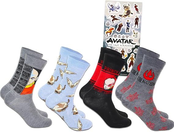 Avatar the Last Airbender Socks for Teens - 4 Pairs Crew Socks for Men Shoe Size 8-12 Plus Stickers | Gift Set for Men, Boys