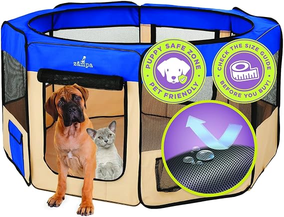 Zampa Puppy Pop Up Portable Playpen for Dog and Cat, Foldable | Indoor/Outdoor Kitten Pen & Travel Pet Carrier + Carrying Case (Blue, Extra Large (80"x80"x36"))
