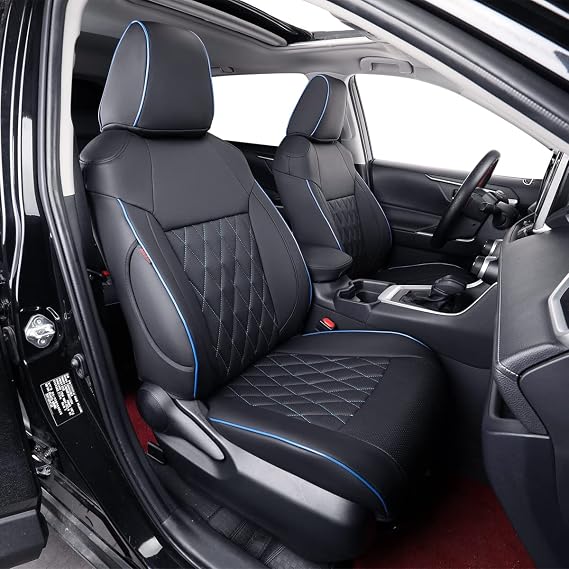 EKR Altima Seat Covers Custom Fit for Nissan Altima SL 2013 2014 2015 2016,Rear Row/2 Removable Headrests,Leather Car Seat Cover Full Set, Faux Leather(Black with Blue Piping)