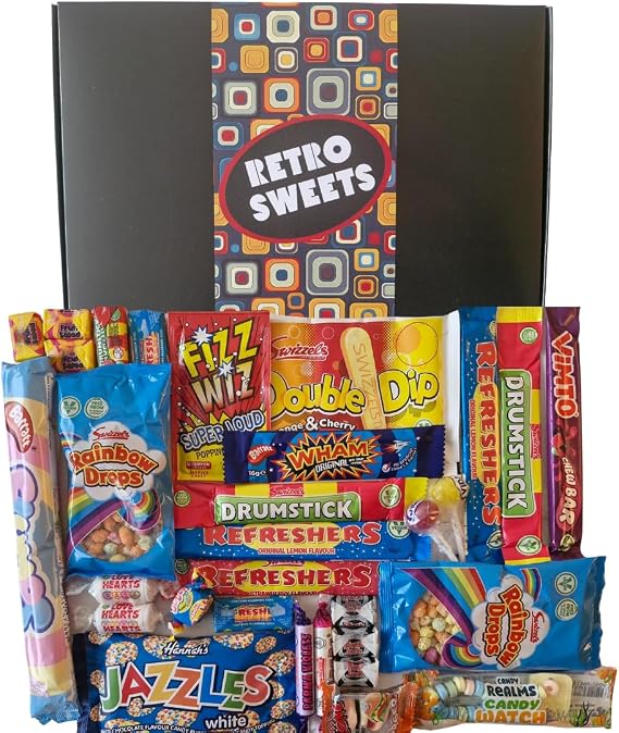 Retro Sweets Gift Box Ultimate Sweet Hamper. Packed in a fun Retro Design Box with Nostalgic and Popular British Sweets Gift Hamper for Adults and Kids (Medium, Black & Multicolour Retro Design)