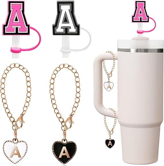 Straw Cover for Stanley Cup Accessories White Black Letter A Cover Cap Letter Charms for Stanley 30&40 Oz Tumblers with Handle/Yeti,Initial Letter A Name Plate Straw Toppers