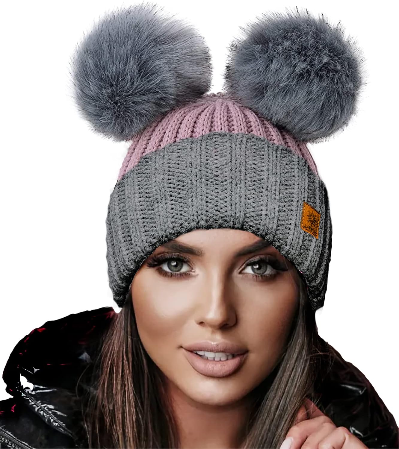 4sold Miki Colour Womens Girls Winter Hat Wool Knitted Beanie with Double Pom Pom Cap Ski Snowboard Bobble