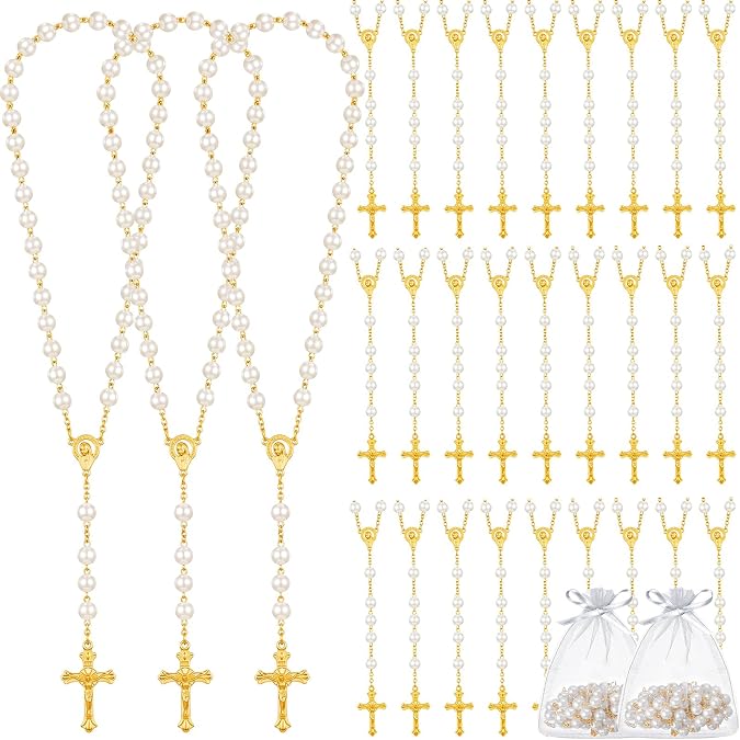 ROCEEI 24 Set Catholic Rosary Bulk 8mm Glass Pearl Beads Rosary Necklace First Communion Rosaries with Alloy Cross Mesh Bag for Baptism Favor Christening Weddings Gift